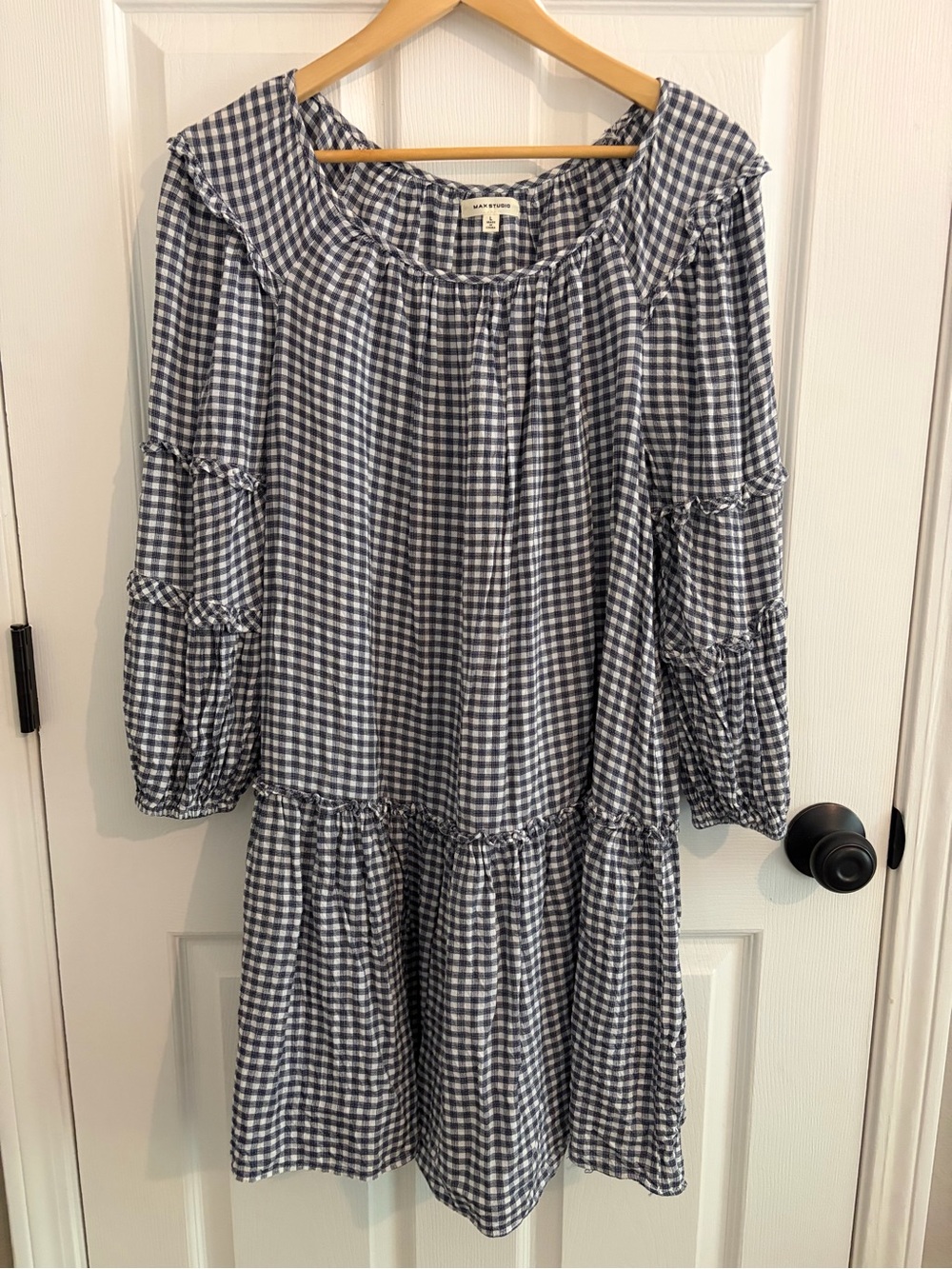 Max Studio Navy and White Gingham Long Sleeve Drop Waist Dress - Size L